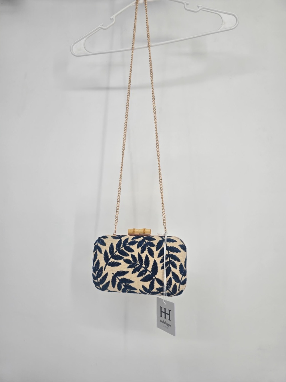 Haute Hippie Navy Leaf-Pattern Clutch with Gold Chain